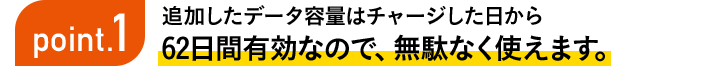 Point1 追加したデータ容量はチャージした日から62日間有効なので、無駄なく使えます。